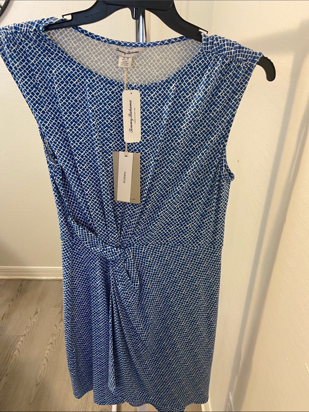 Tommy Bahama Blue & White Geometric Midi Dress with Twist Waist